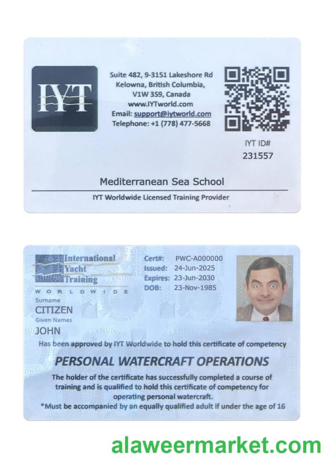 Canada British Columbia international yacht training card